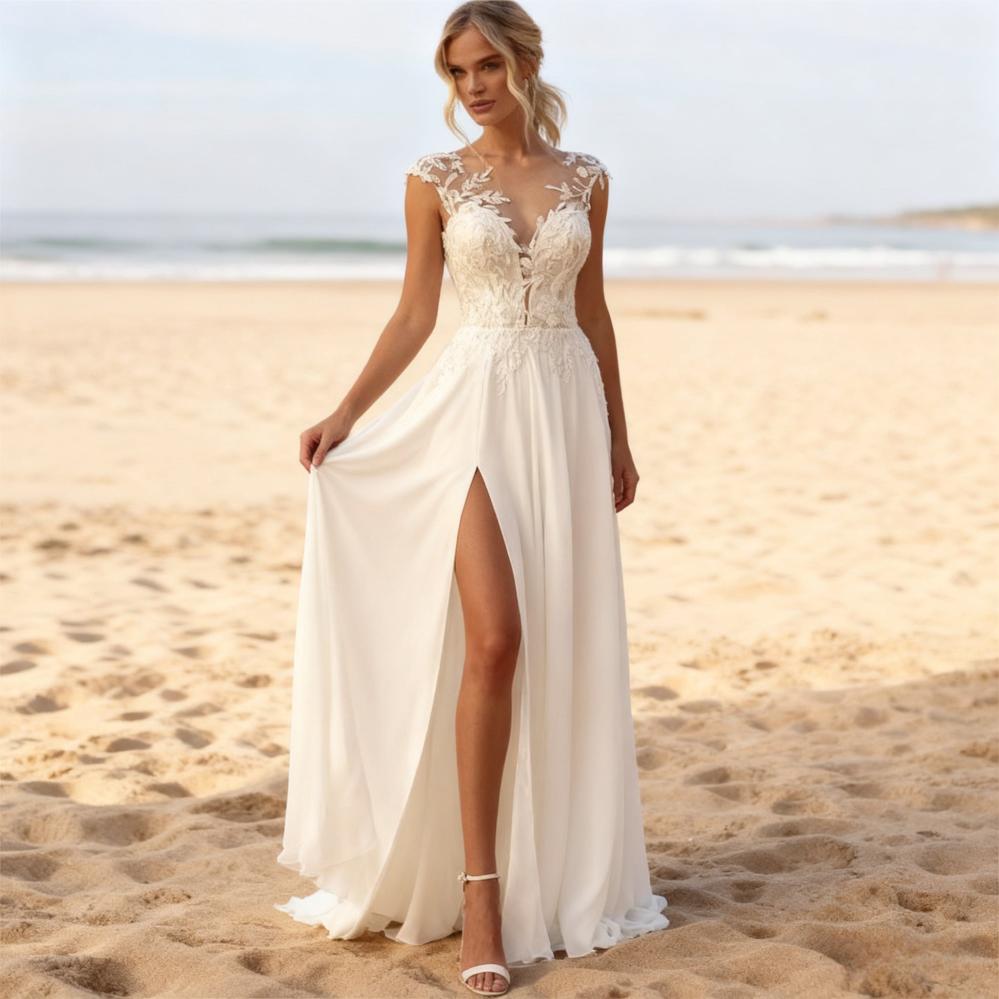 BHstyle A-Linien Ball-Gown in Elfenbein Elegantes Ballkleid mit floralem Spitzenoberteil und verführerischem Beinschlitz