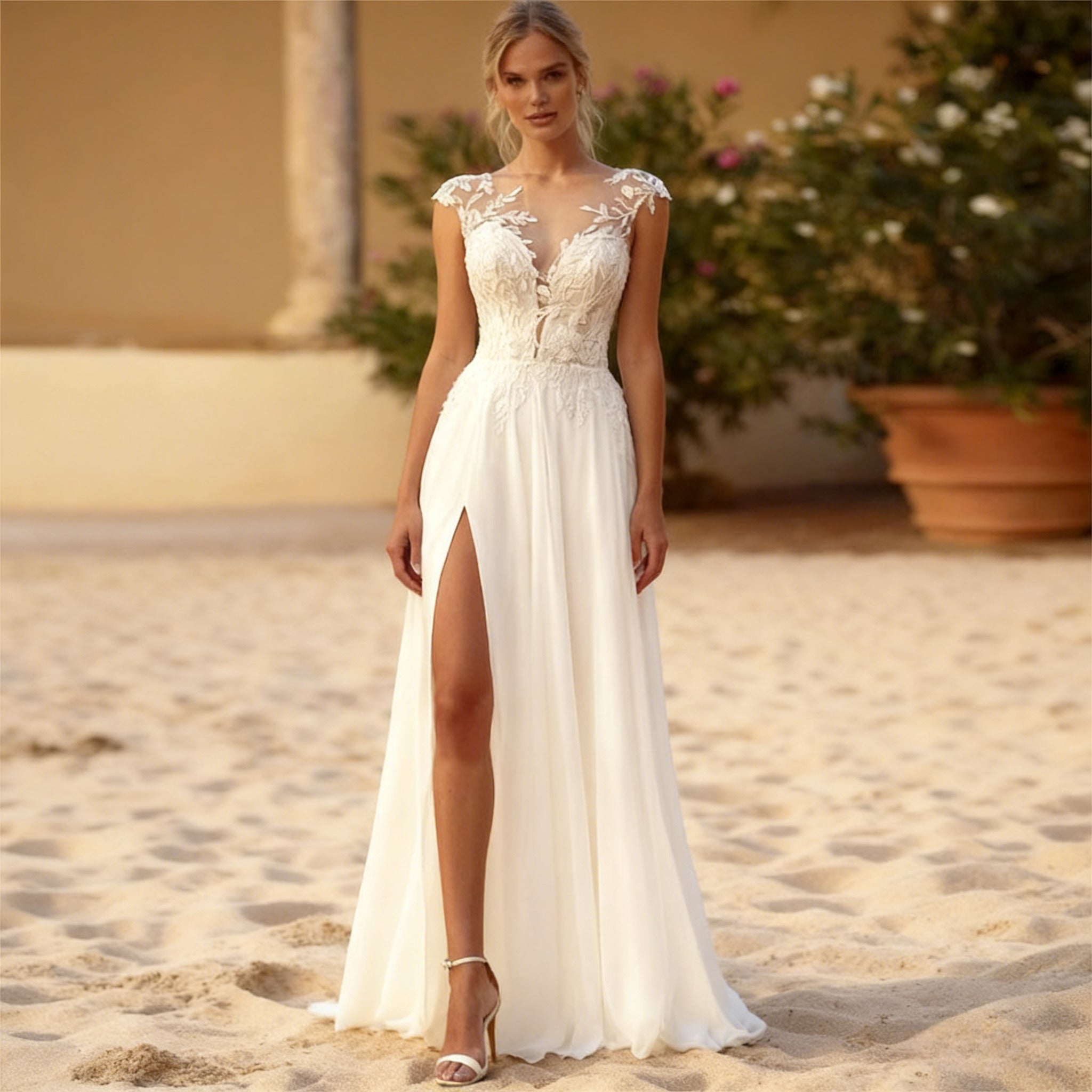 BHstyle A-Linien Ball-Gown in Elfenbein Elegantes Ballkleid mit floralem Spitzenoberteil und verführerischem Beinschlitz