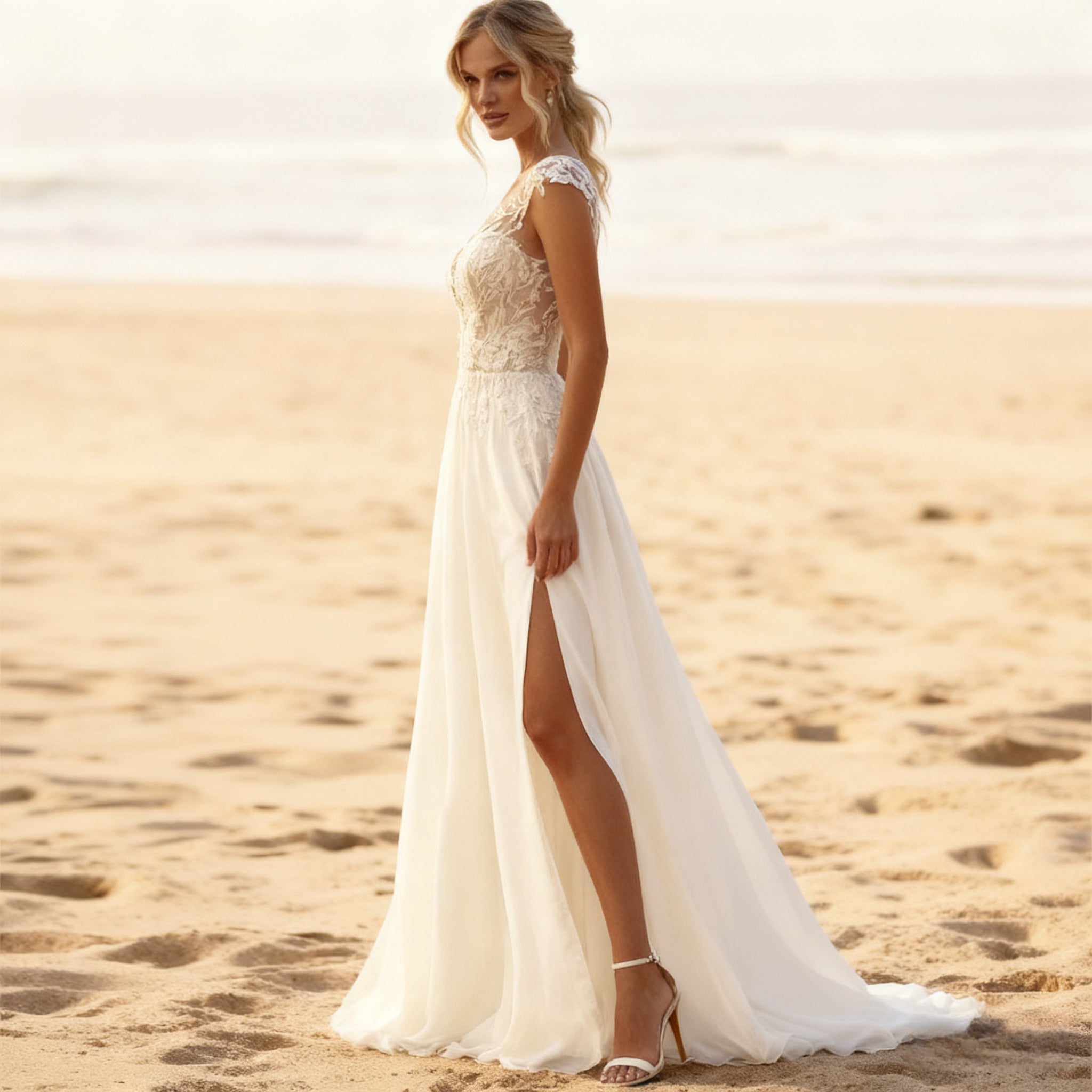 BHstyle A-Linien Ball-Gown in Elfenbein Elegantes Ballkleid mit floralem Spitzenoberteil und verführerischem Beinschlitz