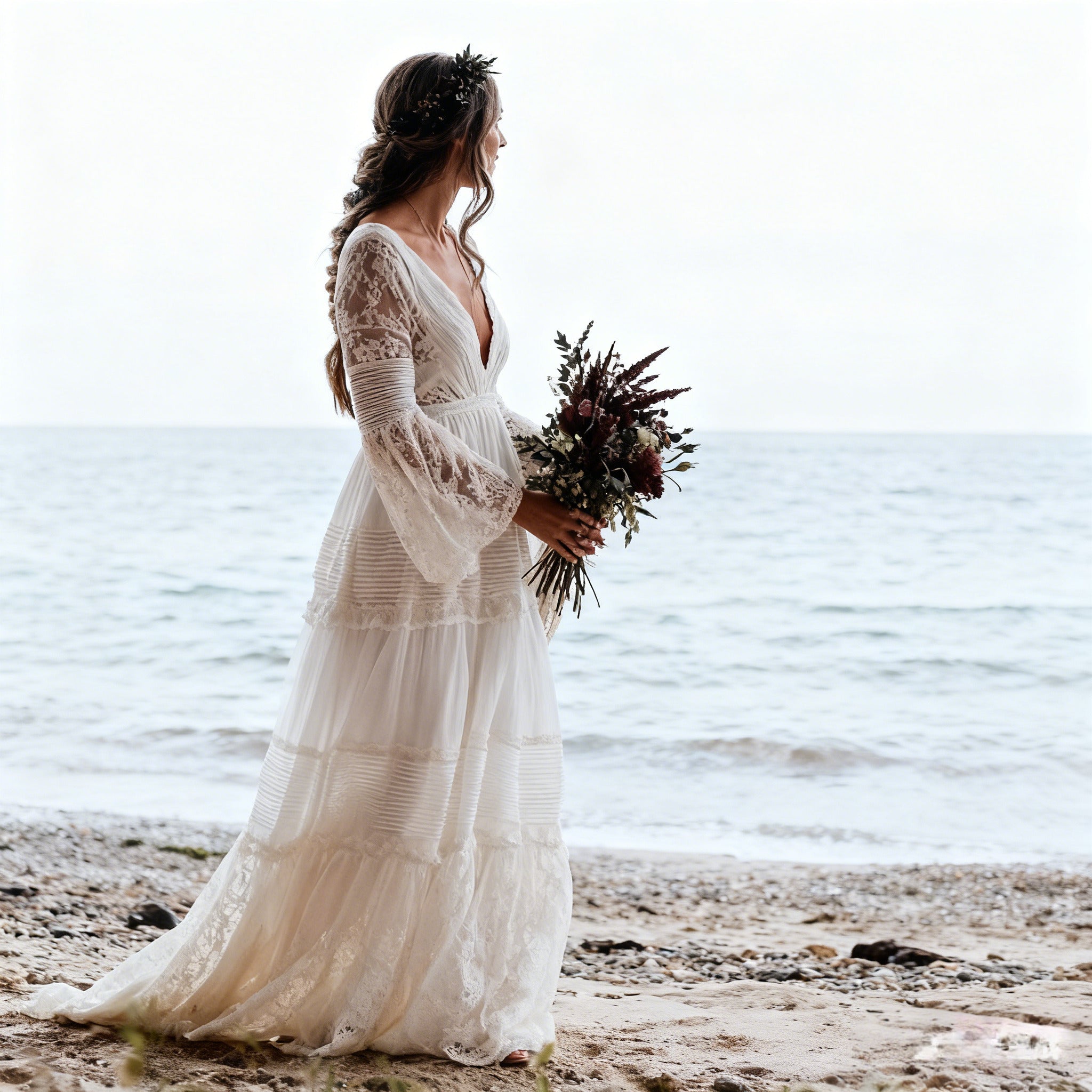 BHstyle Boho Ball-Gowner A-Linie Ball-Gown mit Spitze Langarm Ballkleid mit tiefem V-Ausschnitt Tüllrock Strandhochzeit 2-26W