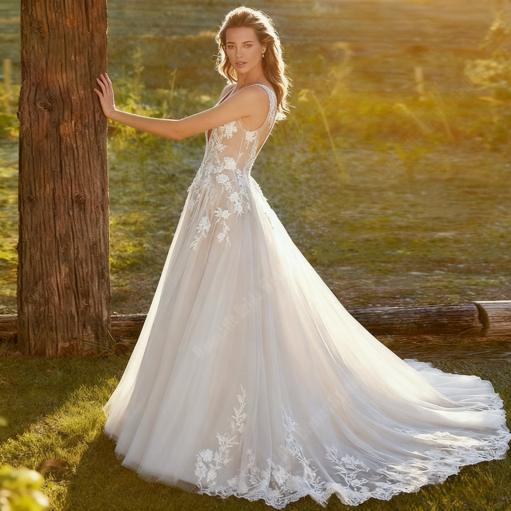 BHstyle Boho A Linie Ball-Gown mit floraler Spitze Ballkleid mit tiefem V Ausschnitt Kapellen Schleppe für Strandhochzeit 2-26W