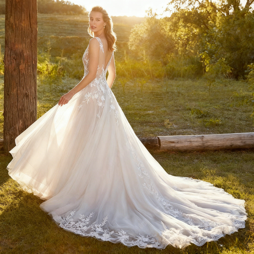 BHstyle Boho A Linie Ball-Gown mit floraler Spitze Ballkleid mit tiefem V Ausschnitt Kapellen Schleppe für Strandhochzeit 2-26W