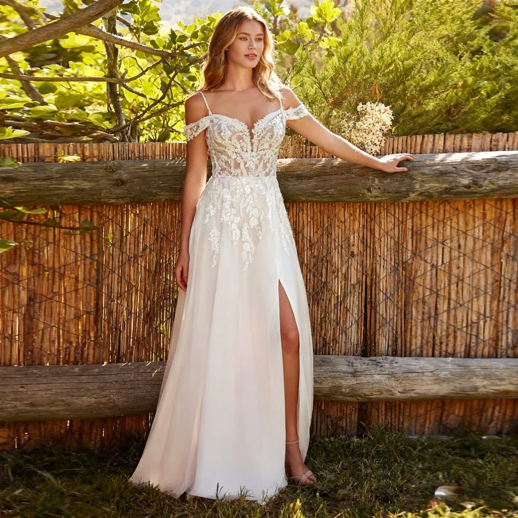 BHstyle Boho A Linie Ball-Gown mit Spitze Ballkleid mit Spaghettiträgern Off Shoulder Ausschnitt und Beinschlitz Sommerhochzeit