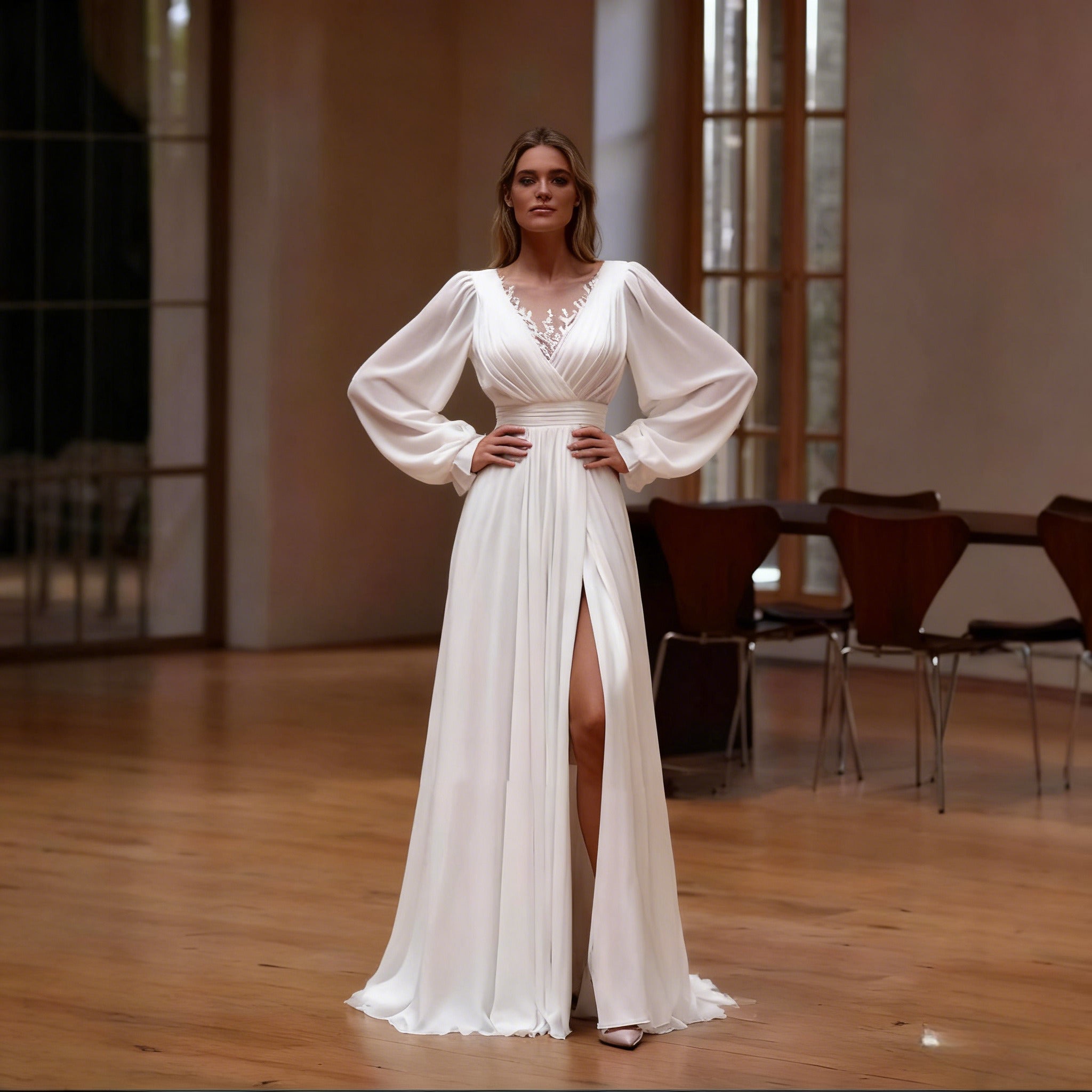 BHstyle A Linie Ball-Gown mit langen Bischofsärmeln Klassisches Ballkleid mit V Ausschnitt und hohem Beinschlitz 2-26W