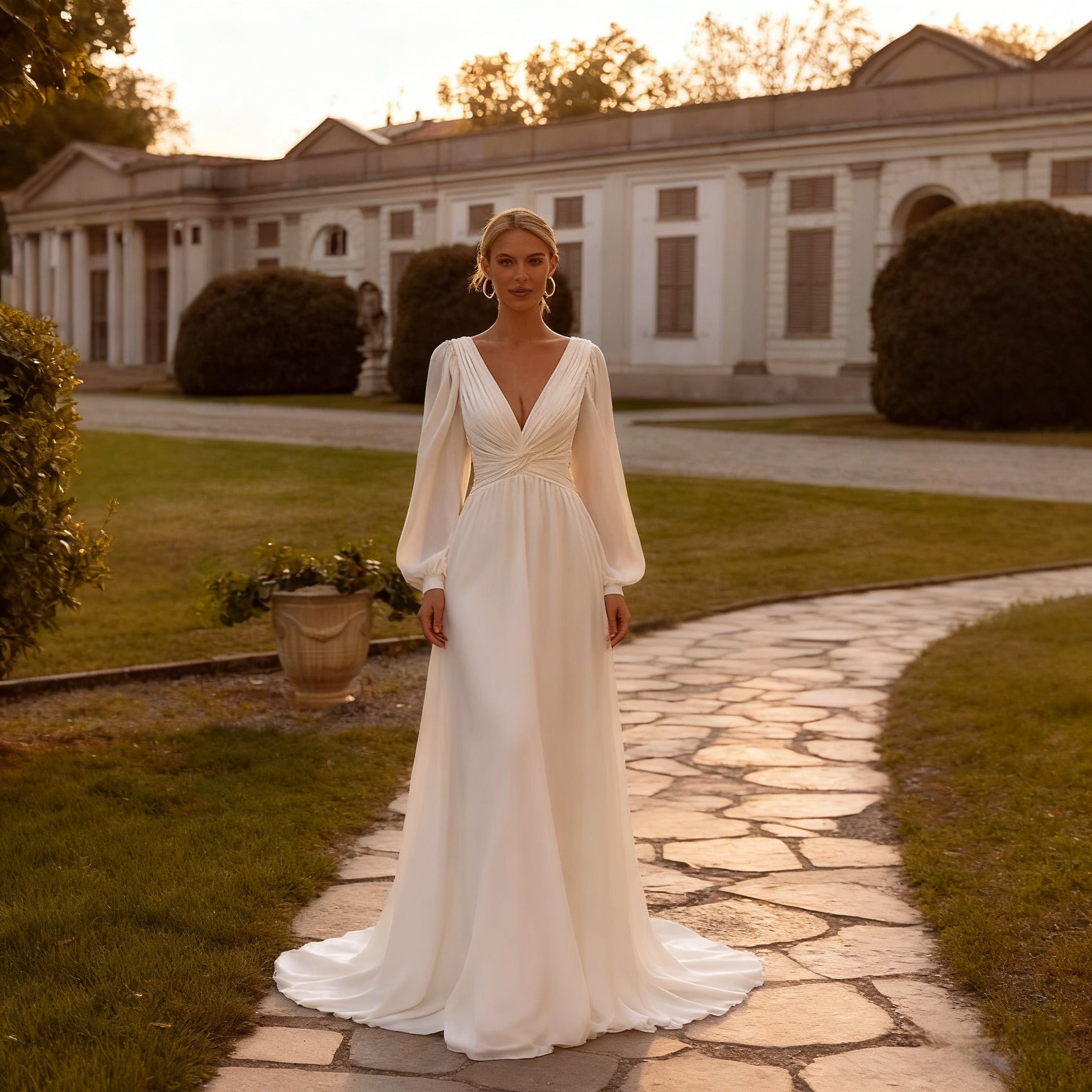 BHstyle A Linie Ball-Gown mit langen Bischofsärmeln Klassisches Ballkleid mit V Ausschnitt und geraffter Taille 2-26W