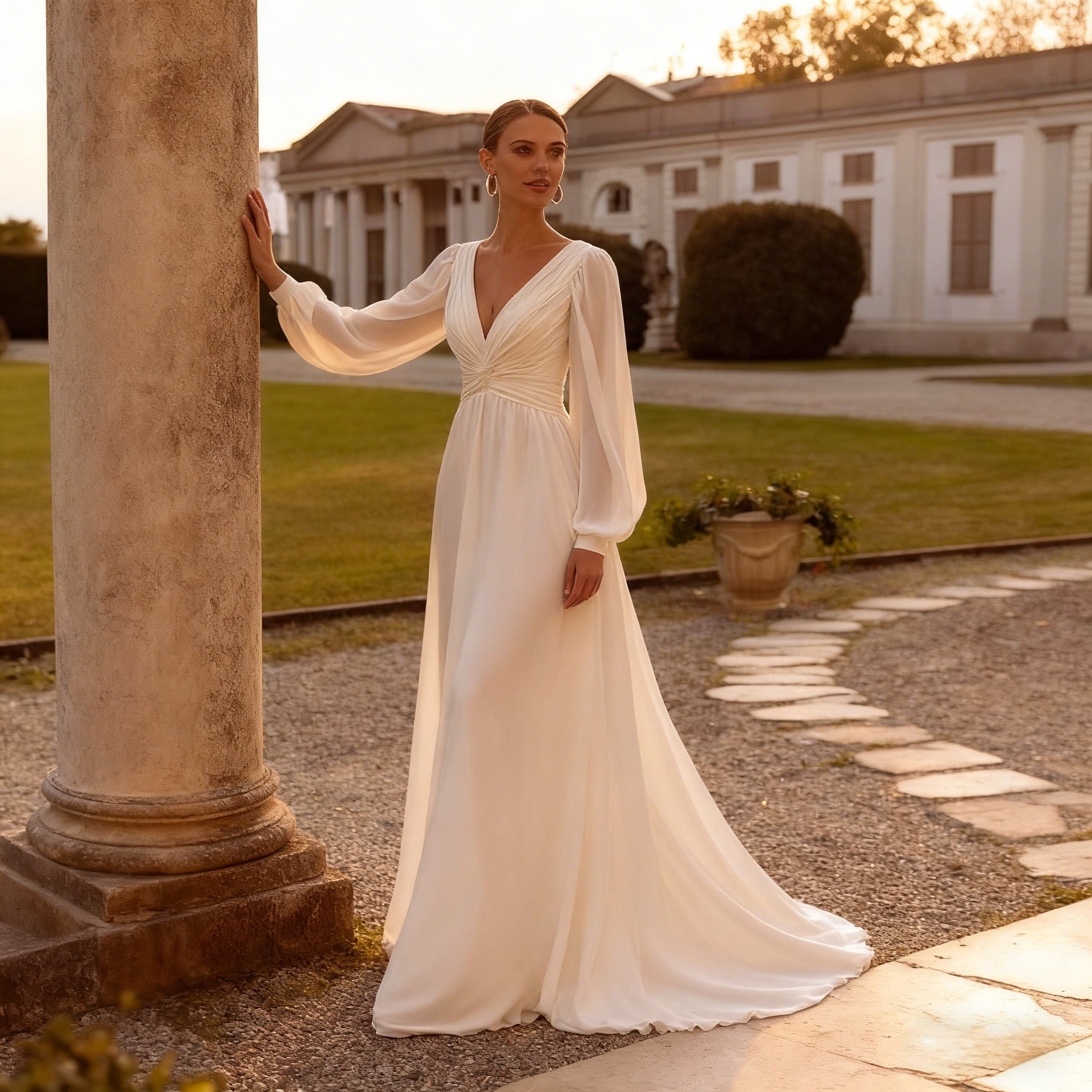 BHstyle A Linie Ball-Gown mit langen Bischofsärmeln Klassisches Ballkleid mit V Ausschnitt und geraffter Taille 2-26W
