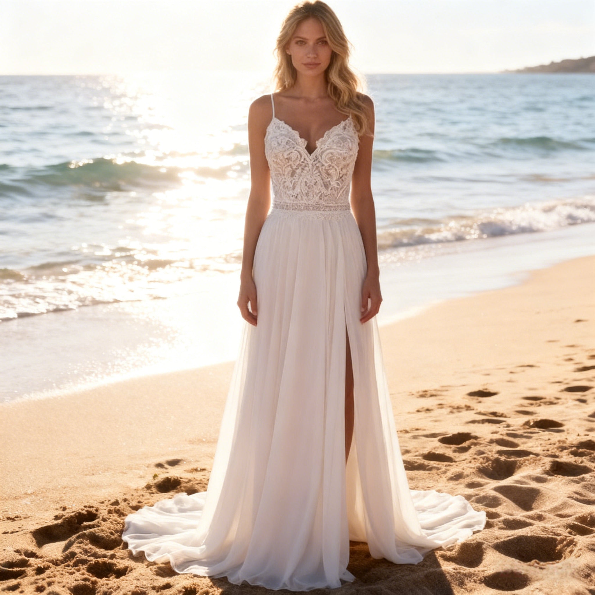 BHstyle Boho A Linie Ball-Gown mit Spitze Ballkleid mit V Ausschnitt und hohem Beinschlitz für Strandhochzeit 2-26W