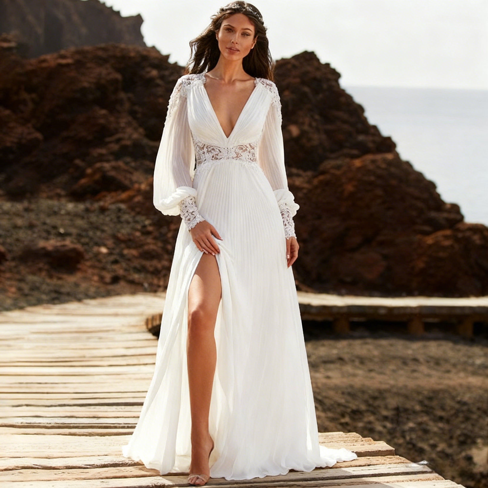 BHstyle Boho A Linie Ball-Gown mit Spitze Vintage Ballkleid mit V Ausschnitt und langen Bischofsärmeln Strand Ball-Gown 2-26W