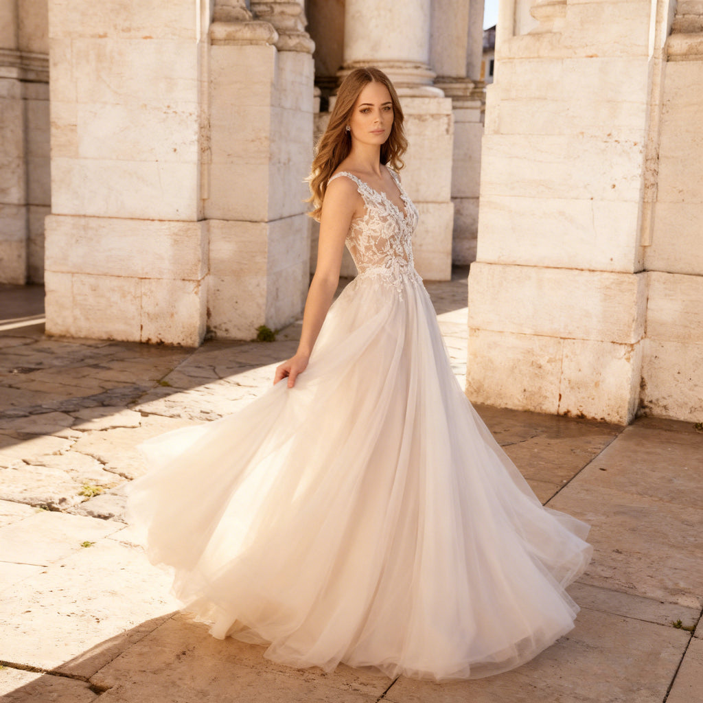 BHstyle Boho A Linie Ball-Gown mit floraler Spitze Prinzessin Ballkleid mit V Ausschnitt und Tüllrock für Gartenhochzeit 2-26W