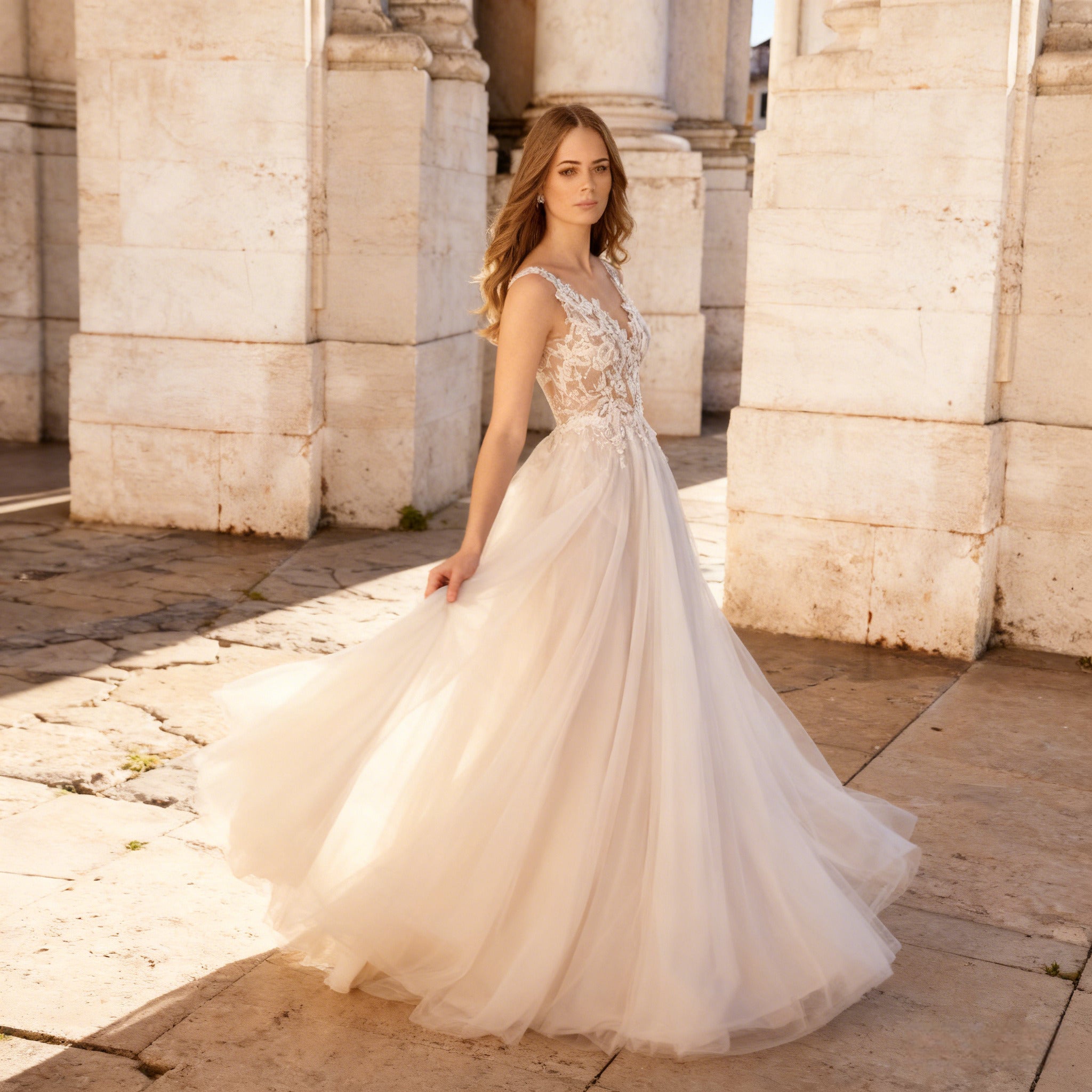 BHstyle Boho A Linie Ball-Gown mit floraler Spitze Prinzessin Ballkleid mit V Ausschnitt und Tüllrock für Gartenhochzeit 2-26W