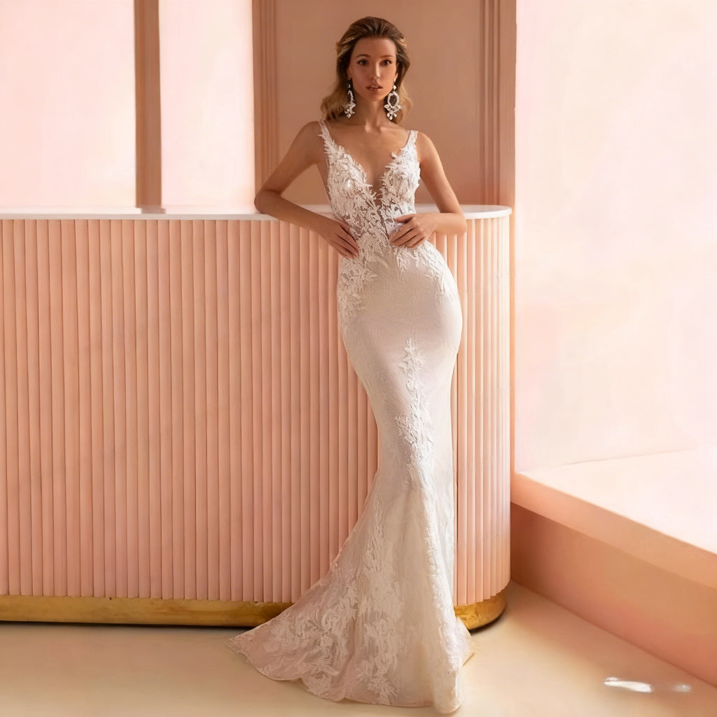 BHstyle Sexy Meerjungfrau Ball-Gown mit Spitze Rückenfrei Ballkleid mit tiefem V Ausschnitt Flare Ball-Gown für 2-26W