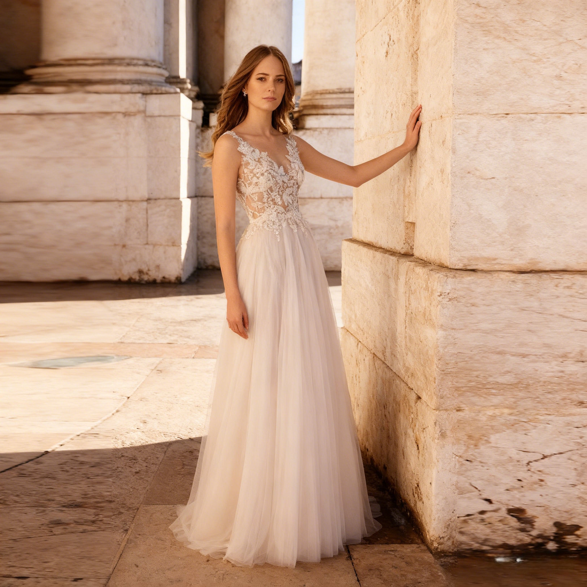 BHstyle Boho A Linie Ball-Gown mit floraler Spitze Prinzessin Ballkleid mit V Ausschnitt und Tüllrock für Gartenhochzeit 2-26W