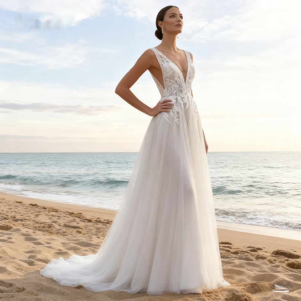 BHstyle Märchenhaftes Prinzessin A Linie Ball-Gown Tüll Romantisches Boho Ballkleid mit V Ausschnitt 2-26W