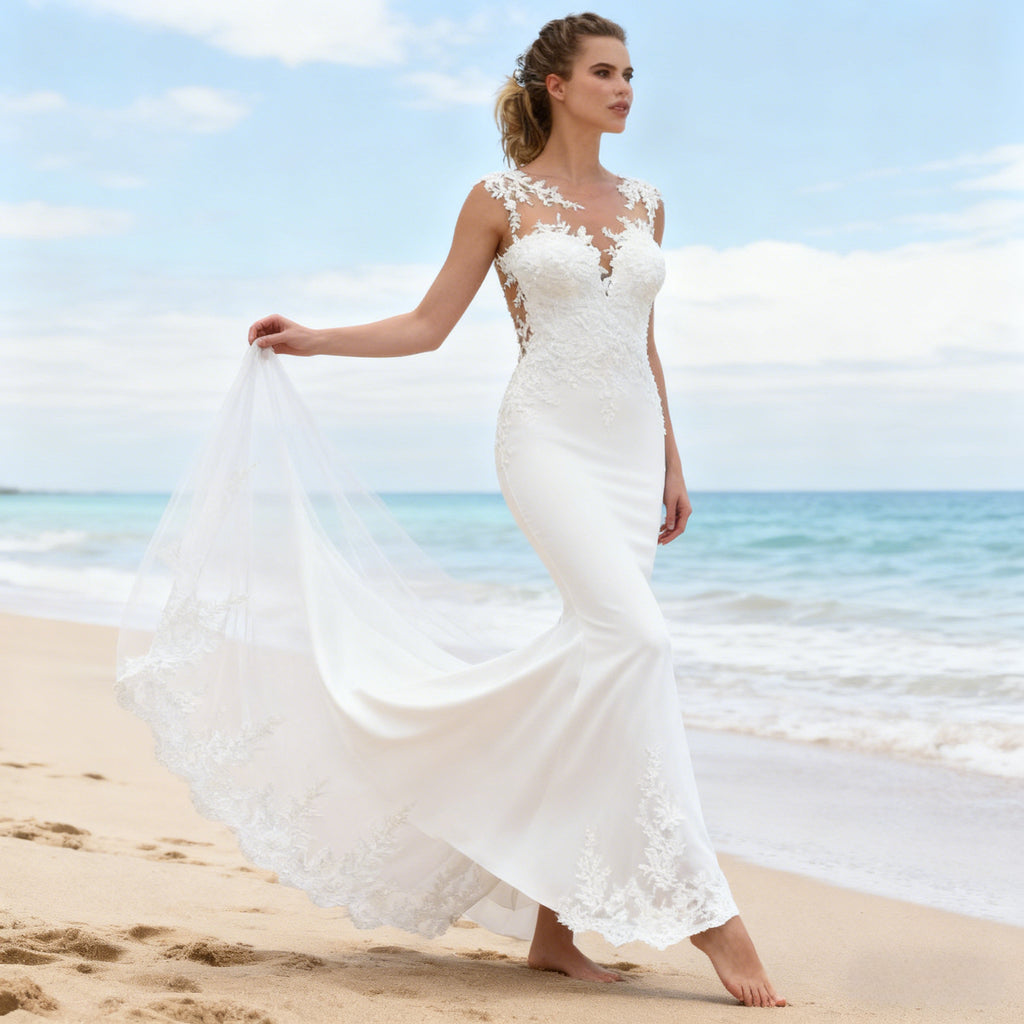 BHstyle Meerjungfrau Ball-Gown mit Spitze Vintage Ballkleid Langarm Sexy Illusions Ausschnitt Boho Anlassmode 2-26W