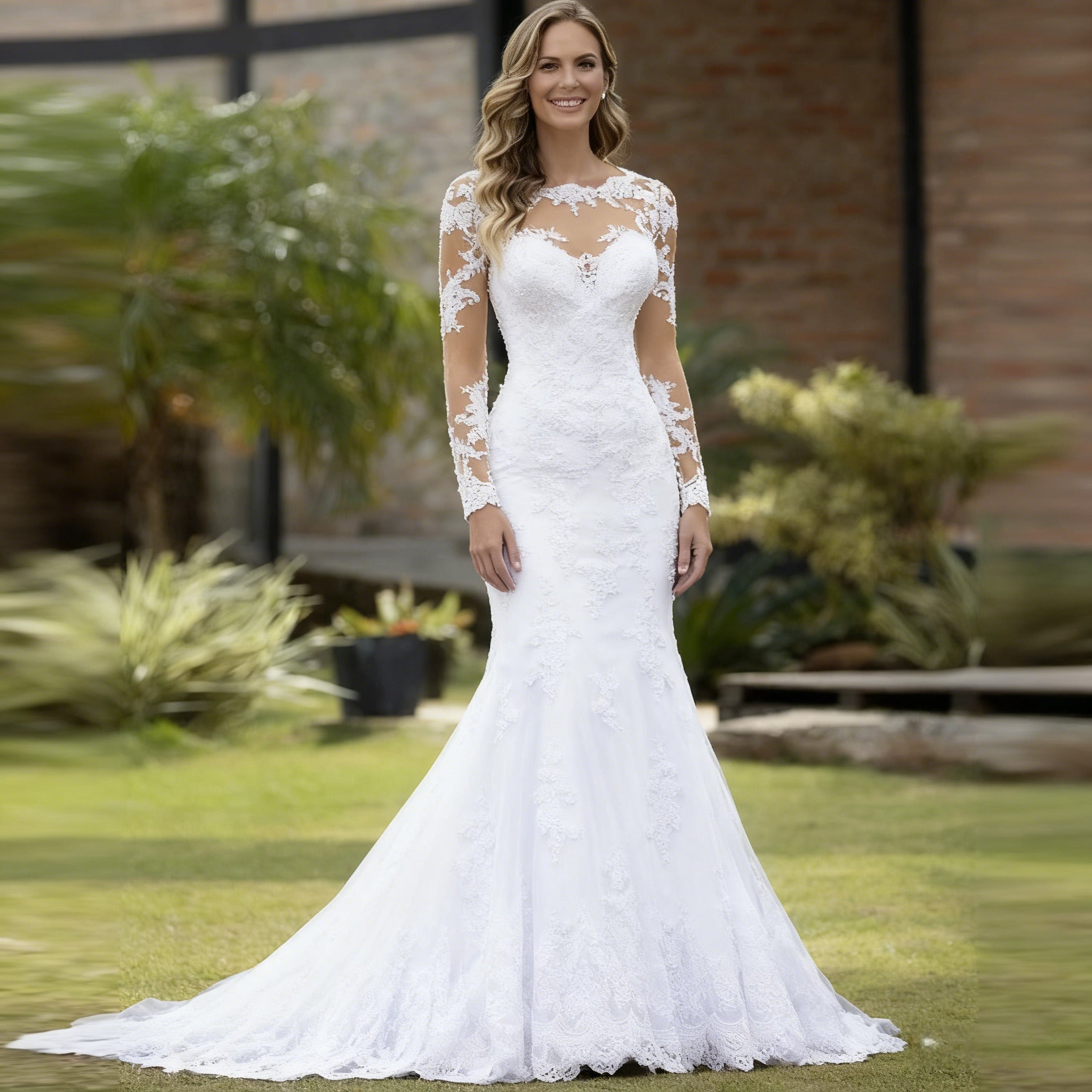 BHstyle Meerjungfrau Ball-Gown mit Langarm Vintage Ballkleid mit Spitze Sexy Illusions Ausschnitt Boho Elegant 2-26W