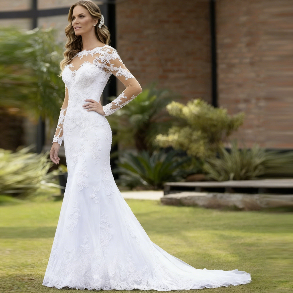 BHstyle Meerjungfrau Ball-Gown mit Langarm Vintage Ballkleid mit Spitze Sexy Illusions Ausschnitt Boho Elegant 2-26W