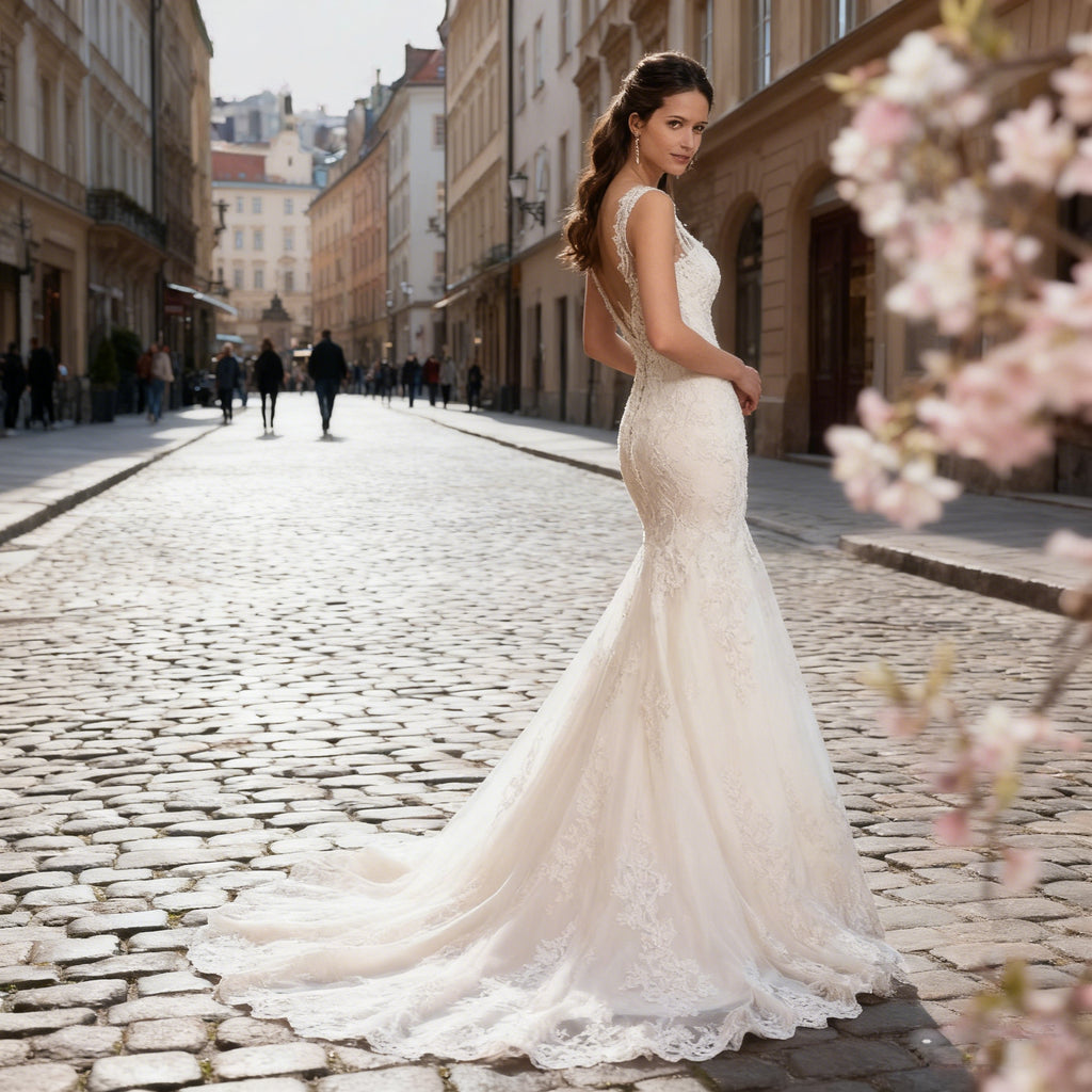 BHstyle Klassisches Meerjungfrau Ball-Gown mit Spitze U Boot Ausschnitt Elegantes Ballkleid Sexy Rückenfrei 2-26W