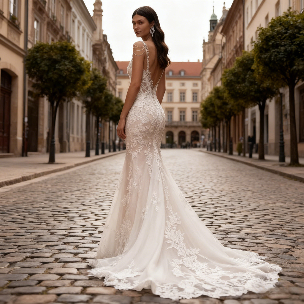 BHstyle Luxus Meerjungfrau Ball-Gown Spitze V Ausschnitt Perlenketten Ballkleid Champagner Boho Glamour 2-26W