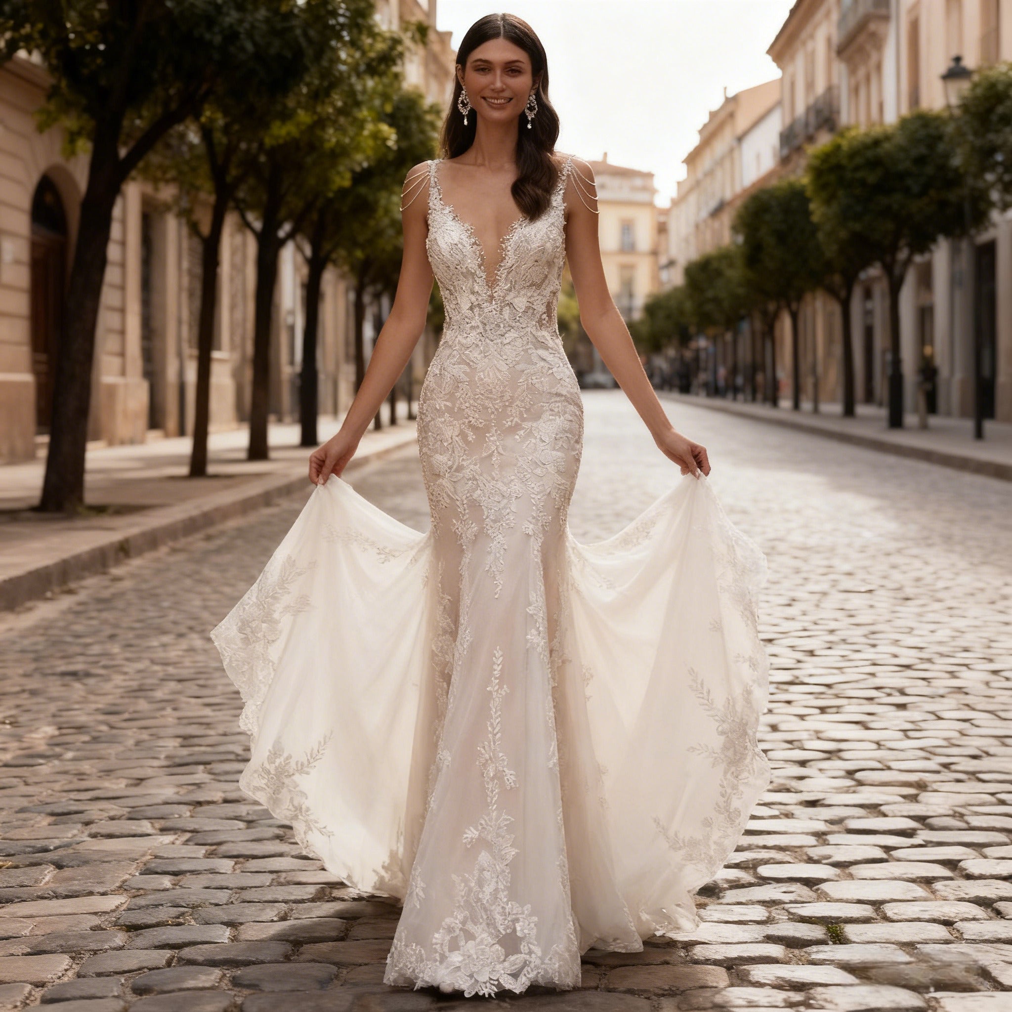 BHstyle Luxus Meerjungfrau Ball-Gown Spitze V Ausschnitt Perlenketten Ballkleid Champagner Boho Glamour 2-26W