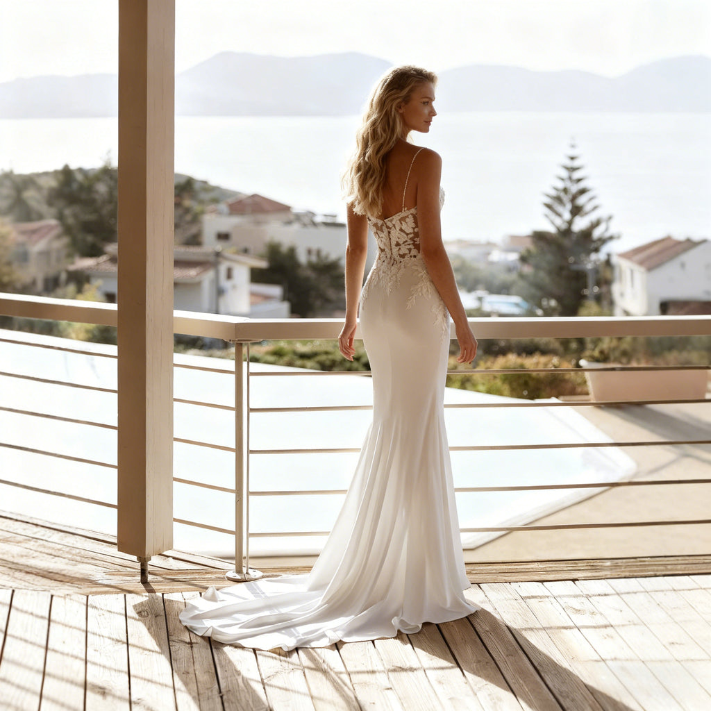 BHstyle Modernes Meerjungfrau Ball-Gown Sexy V Ausschnitt Spitze Ballkleid Rückenfrei Weiß Anlassmode 2-26W