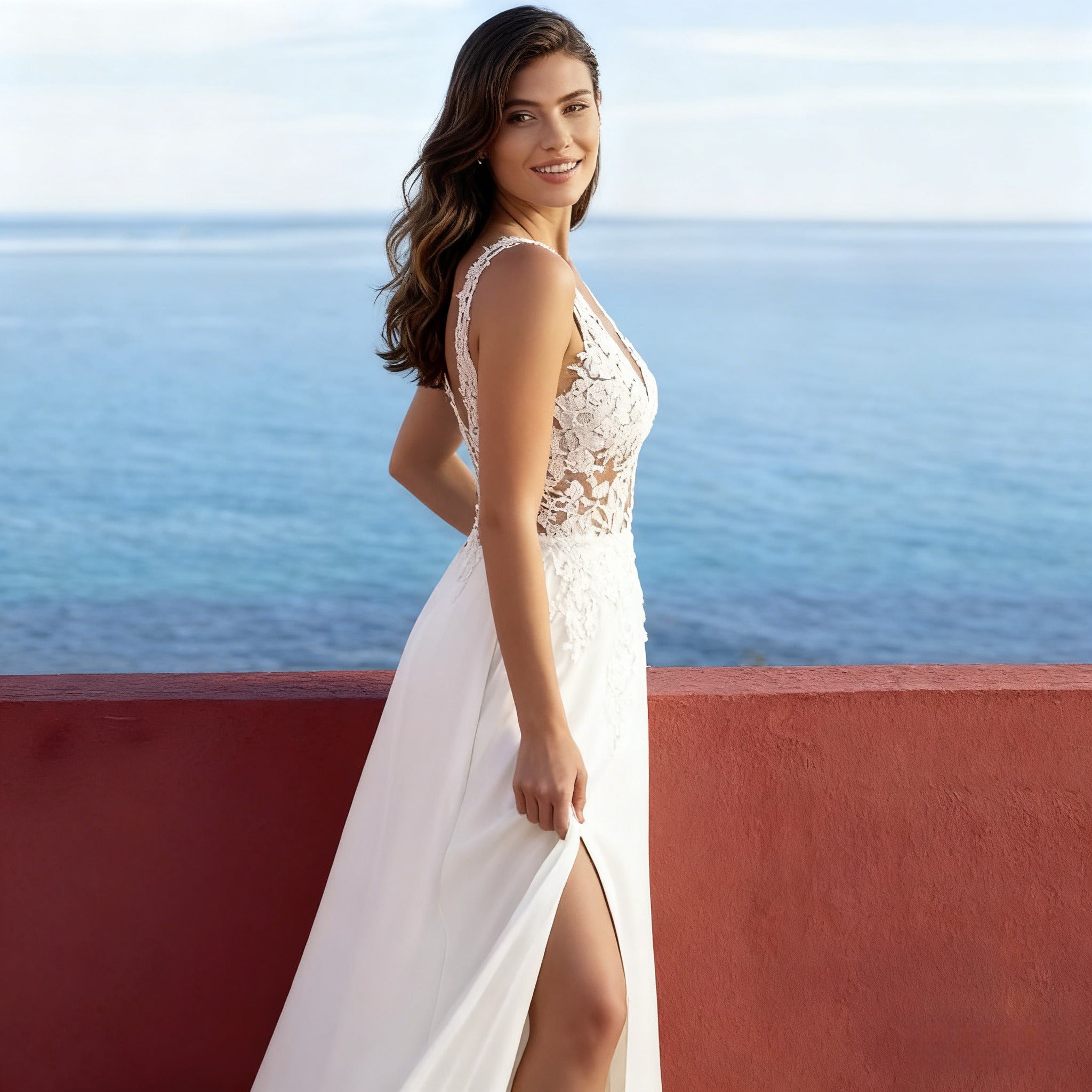 BHstyle Sexy A-Linie Ball-Gown Beinschlitz Spitze V Ausschnitt Ballkleid Boho Strand Modern Weiß 2-26W