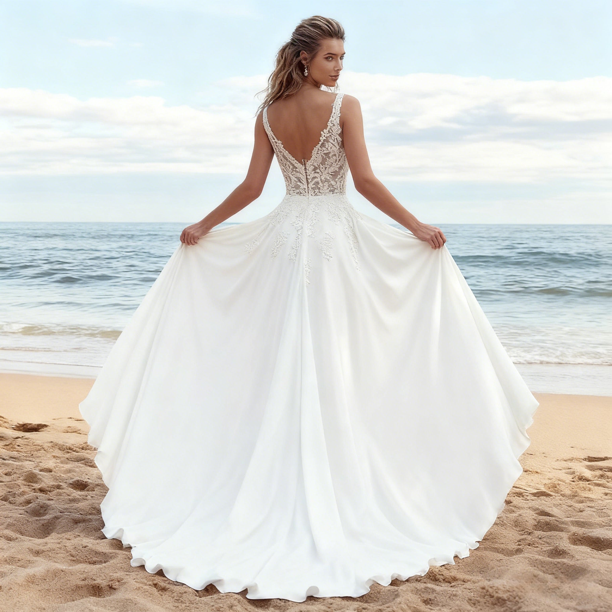 BHstyle Romantisches A-Linie Ball-Gown Spitze V Ausschnitt Tüll Ballkleid Modern Boho Elegant Weiß 2-26W