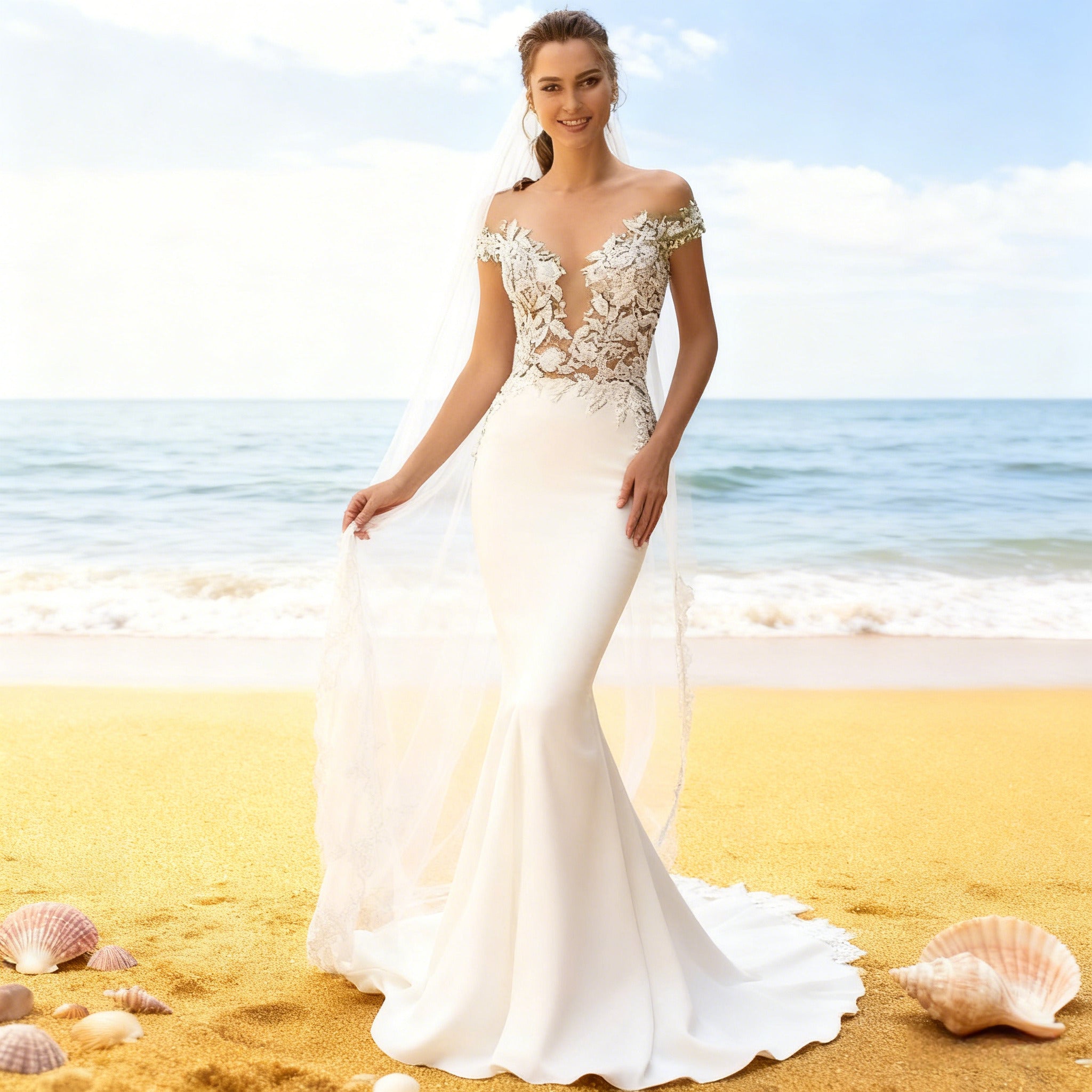 BHstyle Sexy Meerjungfrau Ball-Gown Off Shoulder Spitze Illusions Ausschnitt Modern Elegant Anlassmode 2-26W