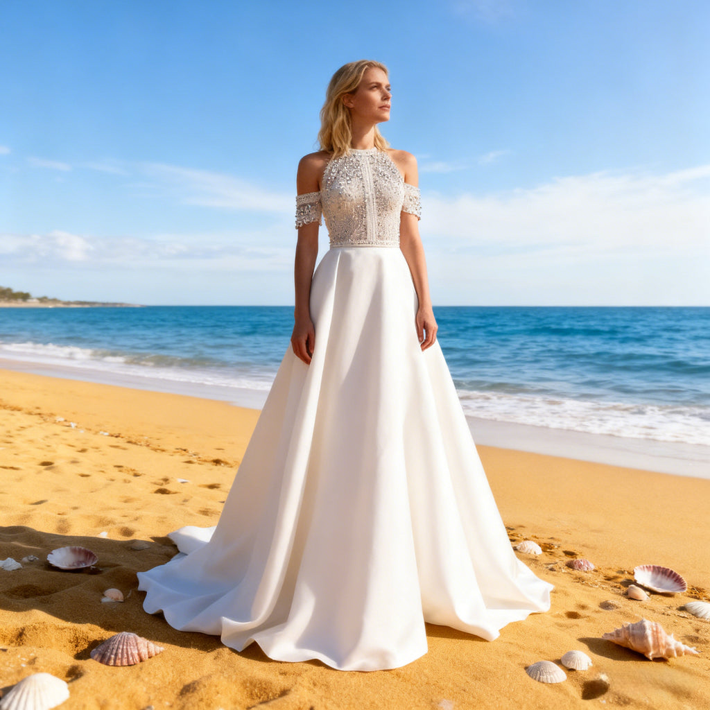 BHstyle Boho A-Linie Ball-Gown High-Neck Spitze Rückenfrei Vintage Ballkleid Modern Satin Weiß 2-26W
