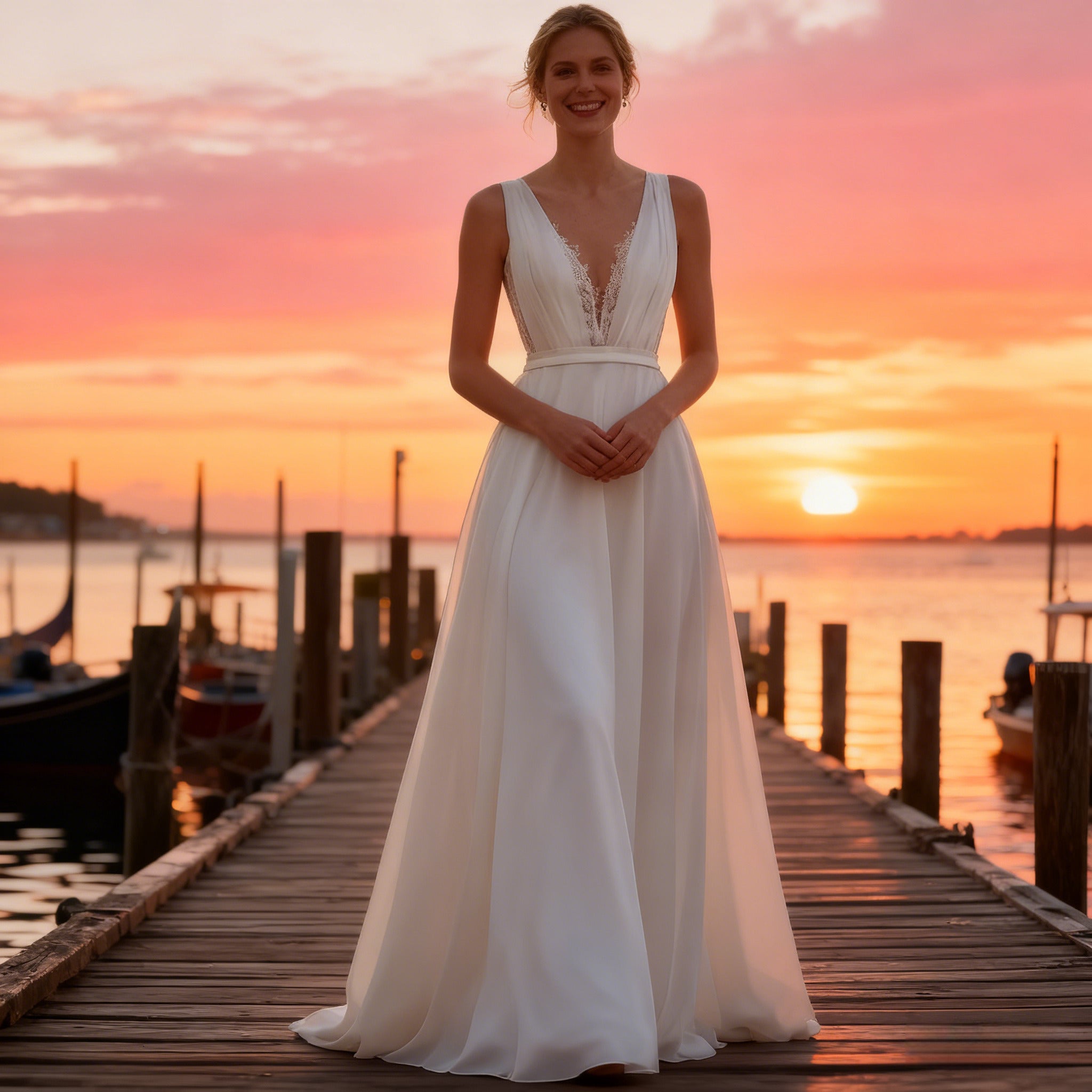 BHstyle Elegantes A-Linie Ball-Gown V-Ausschnitt Chiffon Ballkleid Modern Puristisch Strand Weiß Sommer 2-26W