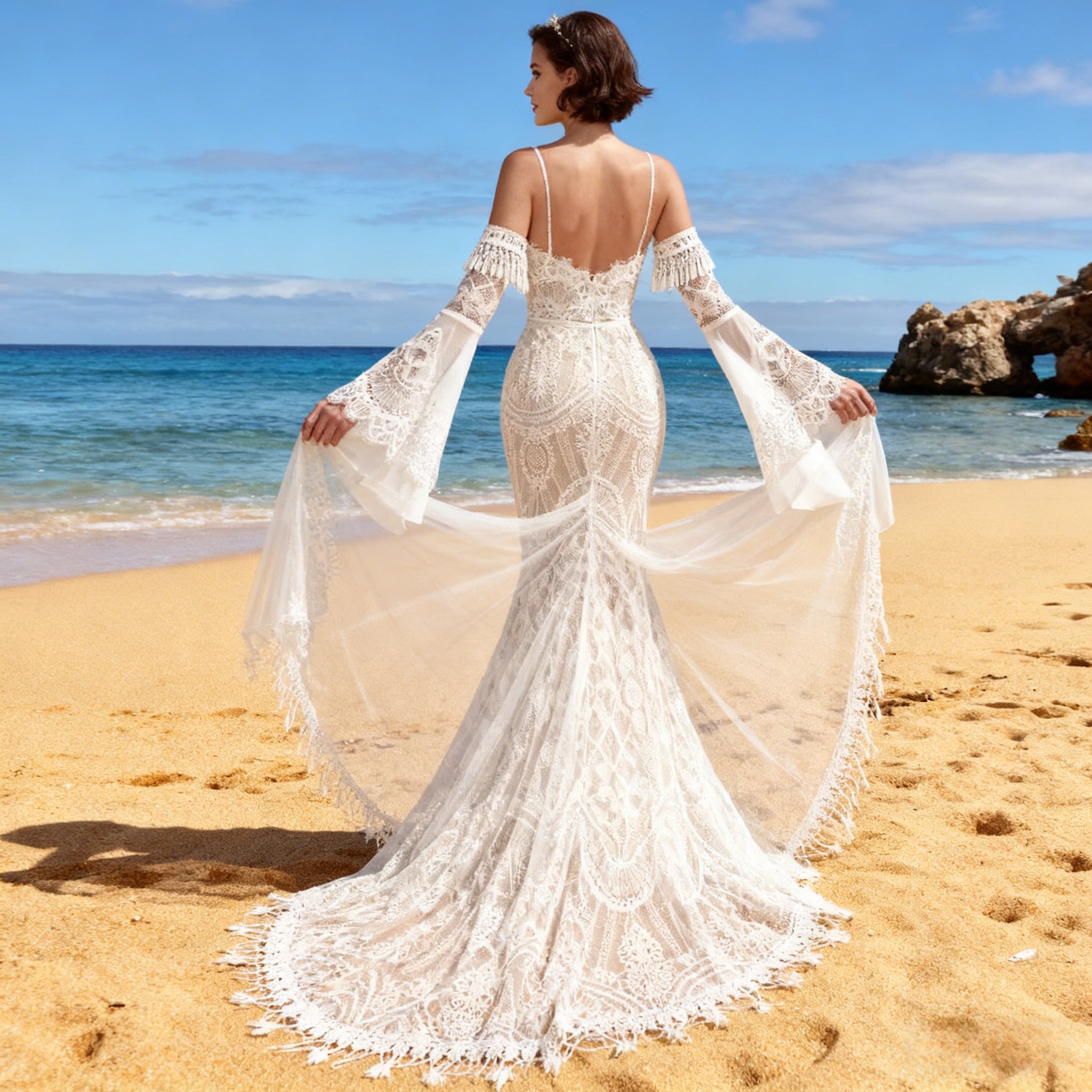 BHstyle Boho Ball-Gown Spitze Glockenärmel Vintage Meerjungfrau Ballkleid Sexy Rückenfrei Hippie Weiß 2-26W