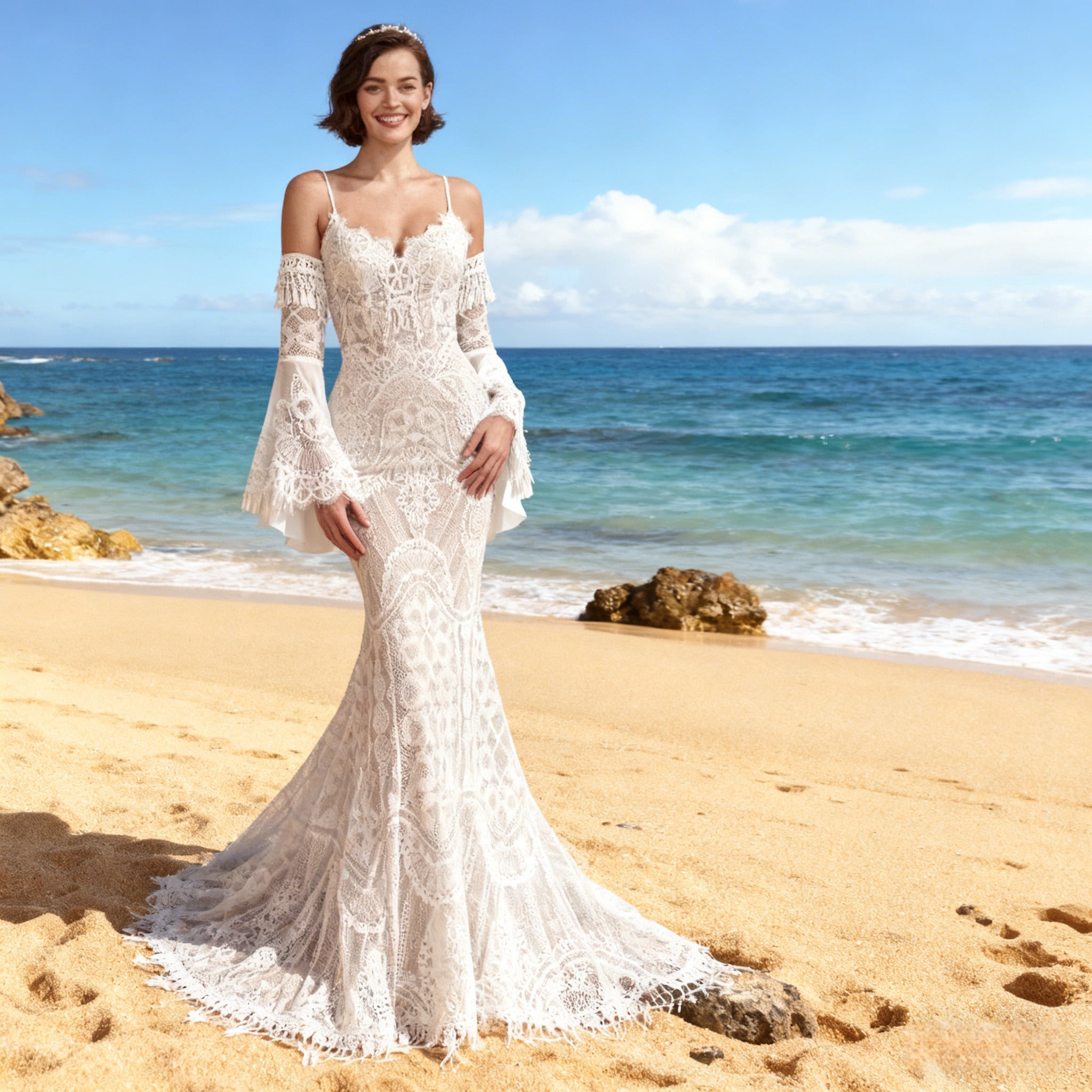 BHstyle Boho Ball-Gown Spitze Glockenärmel Vintage Meerjungfrau Ballkleid Sexy Rückenfrei Hippie Weiß 2-26W
