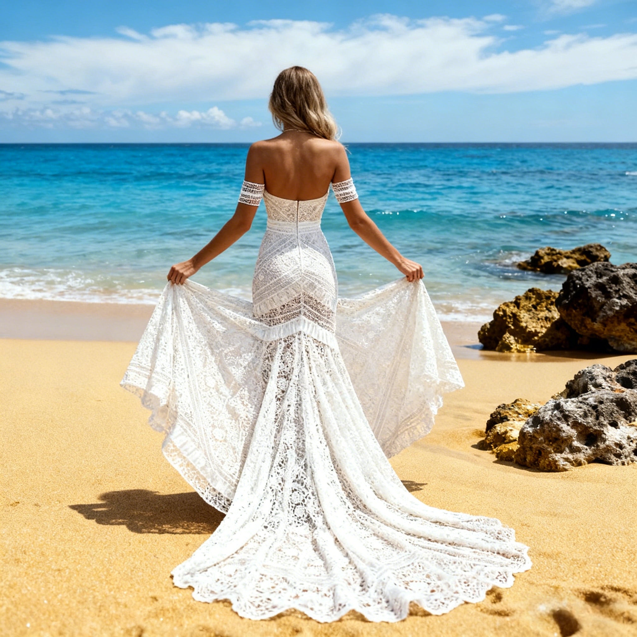 BHstyle Boho Ball-Gown Spitze Meerjungfrau Herz-Ausschnitt Sexy Rückenfrei Strand Ballkleid Hippie Weiß 2-26W