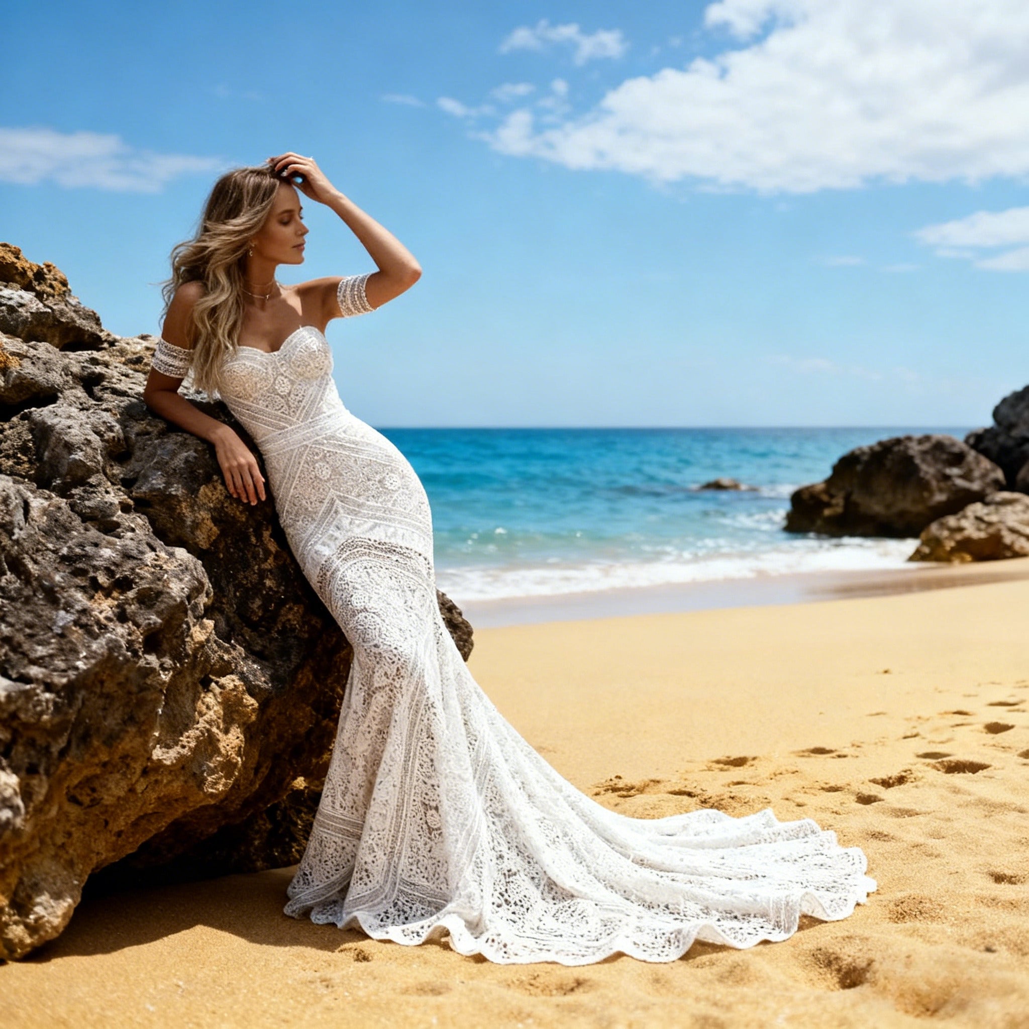 BHstyle Boho Ball-Gown Spitze Meerjungfrau Herz-Ausschnitt Sexy Rückenfrei Strand Ballkleid Hippie Weiß 2-26W