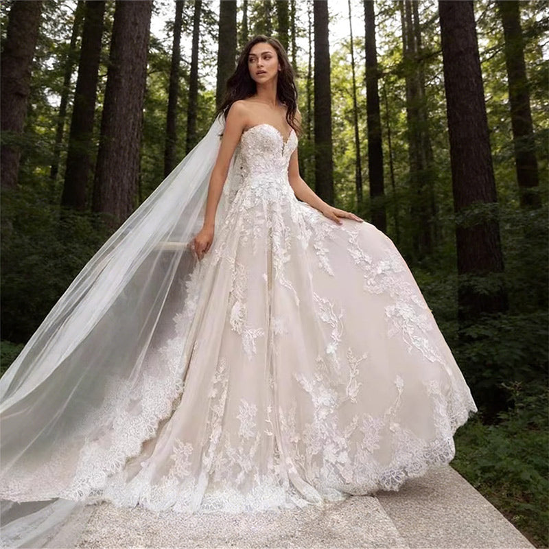 BHstyle Prinzessin Ball-Gown Spitze Glitzer Ballkleid Herz-Ausschnitt Luxus Kathedral-Schleppe Weiß Romantisch 2-26W