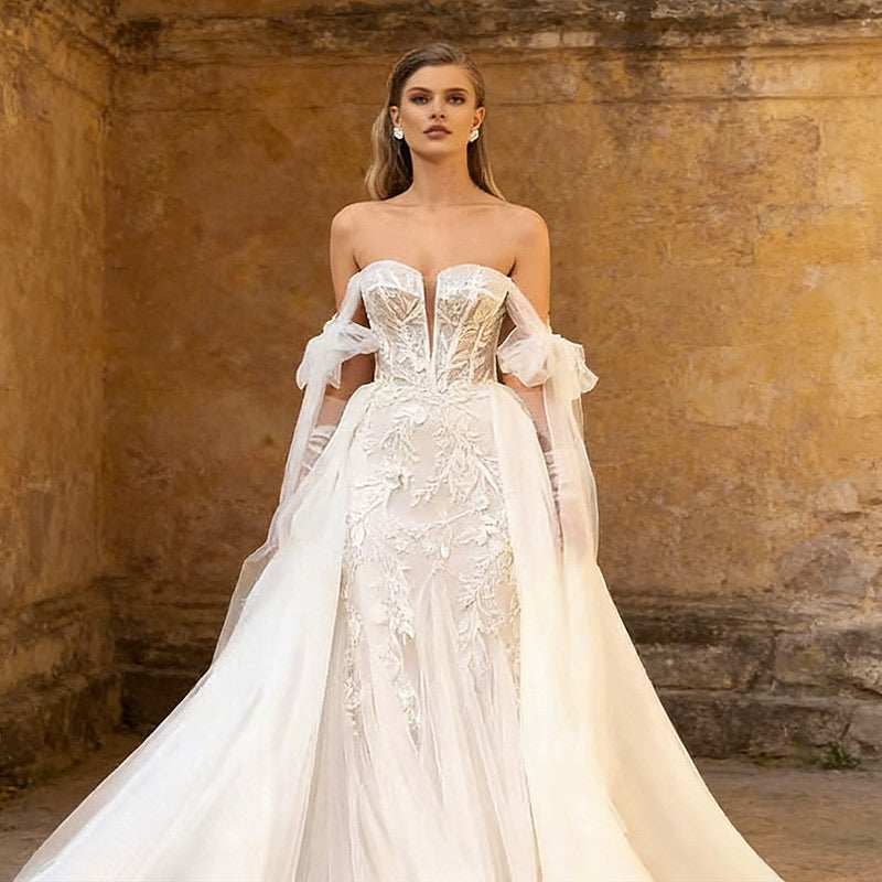BHstyle Luxus Prinzessin Ball-Gown Glitzer Spitze Corsage Puffärmel Abnehmbar Ballkleid Elegant Weiß 2-26W