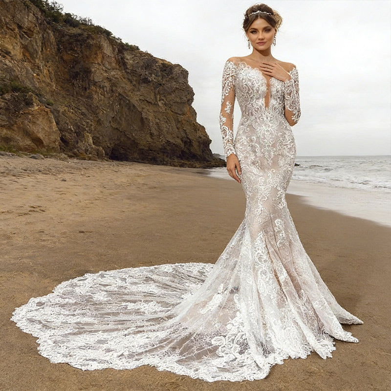 BHstyle Luxus Meerjungfrau Ball-Gown Langarm Spitze Tiefer V-Ausschnitt Sexy Große Schleppe Anlassmode Weiß 2-26W