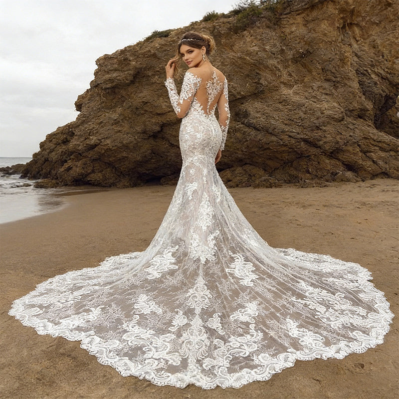 BHstyle Luxus Meerjungfrau Ball-Gown Langarm Spitze Tiefer V-Ausschnitt Sexy Große Schleppe Anlassmode Weiß 2-26W