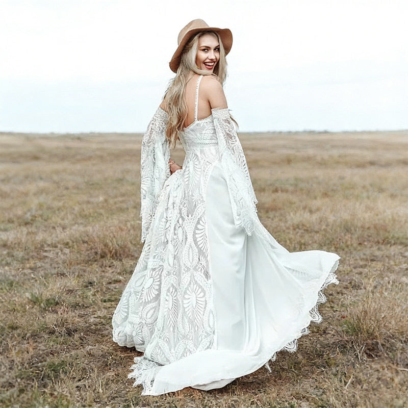 BHstyle Hippie Boho Ball-Gown Glockenärmel Geometrische Spitze Beinschlitz Vintage Ballkleid Rustikal 2-26W