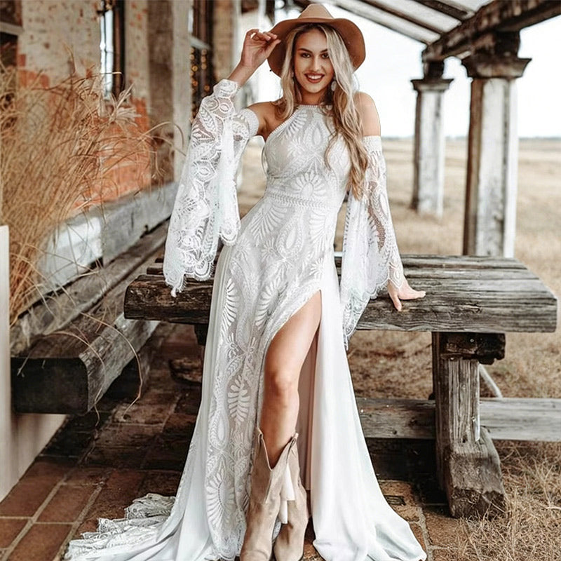 BHstyle Hippie Boho Ball-Gown Glockenärmel Geometrische Spitze Beinschlitz Vintage Ballkleid Rustikal 2-26W