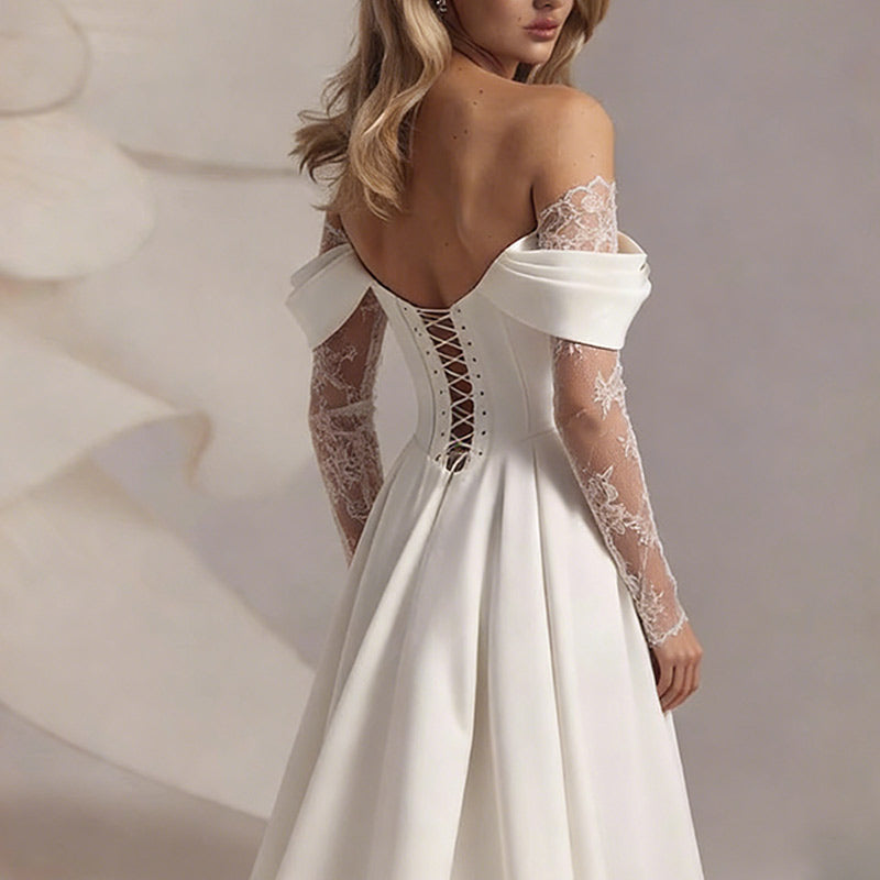 BHstyle Modernes Satin Ball-Gown Beinschlitz Spitze Corsage Off-Shoulder Sexy A-Linie Ballkleid Weiß 2-26W