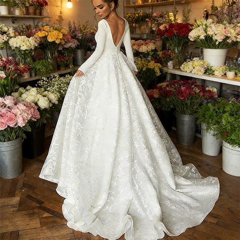 BHstyle Edles Prinzessin Ball-Gown Langarm Satin Spitze V-Ausschnitt A-Linie Ballkleid Anlassmode Weiß 2-26W