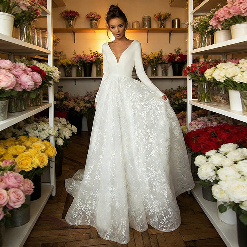 BHstyle Edles Prinzessin Ball-Gown Langarm Satin Spitze V-Ausschnitt A-Linie Ballkleid Anlassmode Weiß 2-26W