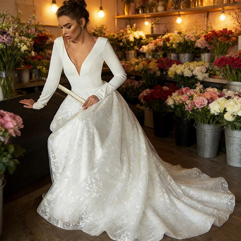 BHstyle Edles Prinzessin Ball-Gown Langarm Satin Spitze V-Ausschnitt A-Linie Ballkleid Anlassmode Weiß 2-26W