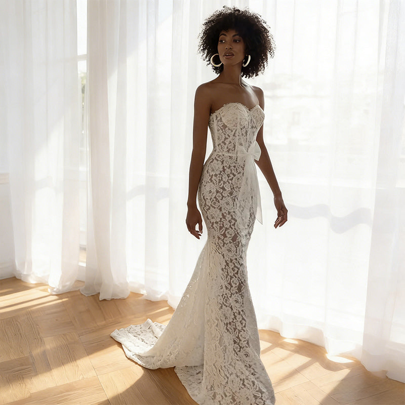 BHstyle Boho Ball-Gown Meerjungfrau Spitze Sexy Transparent Bogen Anlassmode Hochzeit Weiß 2-24W