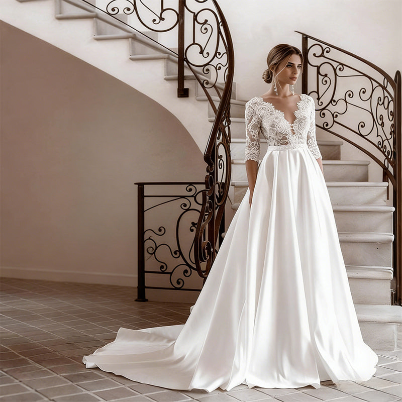 BHstyle Retro Ball-Gown Satin Langarm Schlitz V-Ausschnitt Edel Anlassmode Glamour Ballkleid 2-24W