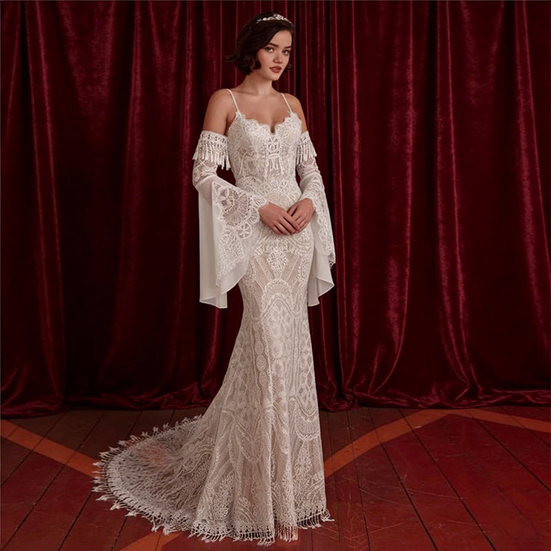 BHstyle Boho Ball-Gown Spitze Trompetenärmel Fransen Retro Sexy Meerjungfrau Strand Hochzeit 2-24W