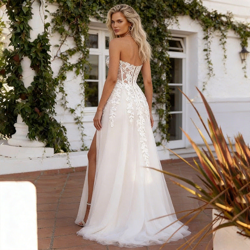 BHstyle Boho Ball-Gown A-Linie Tüll Rückenfrei Spitze Hippie Strand Natürlich Ballkleid Weiß 2-24W