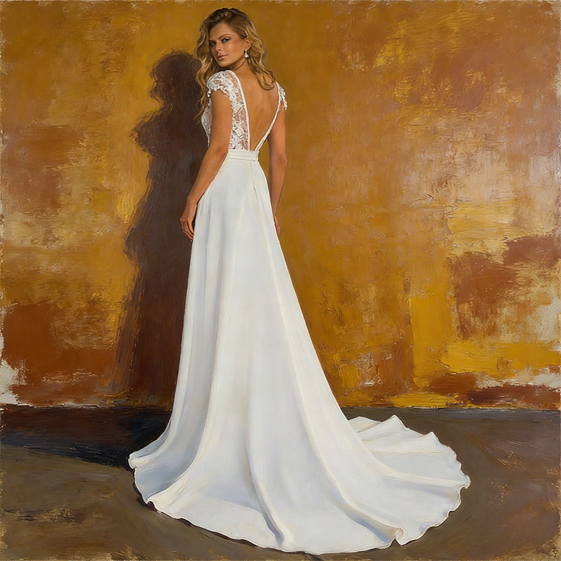 BHstyle Retro Ball-Gown A-Linie Satin Spitze V-Ausschnitt Edel Anlassmode Ballkleid Weiß Creme 2-24W