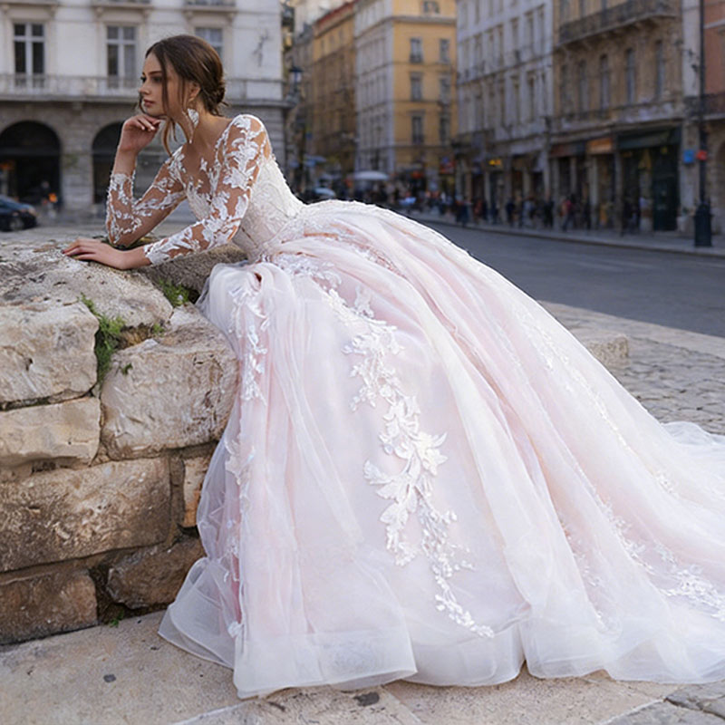 BHstyle Luxus Prinzessin Ball-Gown Spitze Langarm Tüll A-Linie Retro Edel Kathedrale Hochzeit Weiß 2-24W