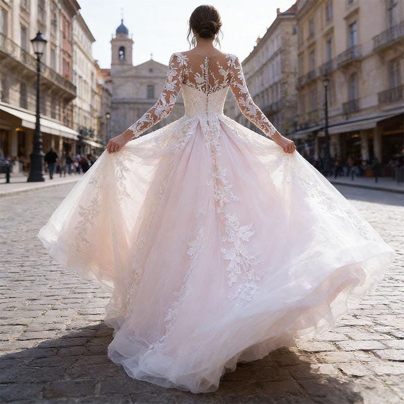 BHstyle Luxus Prinzessin Ball-Gown Spitze Langarm Tüll A-Linie Retro Edel Kathedrale Hochzeit Weiß 2-24W